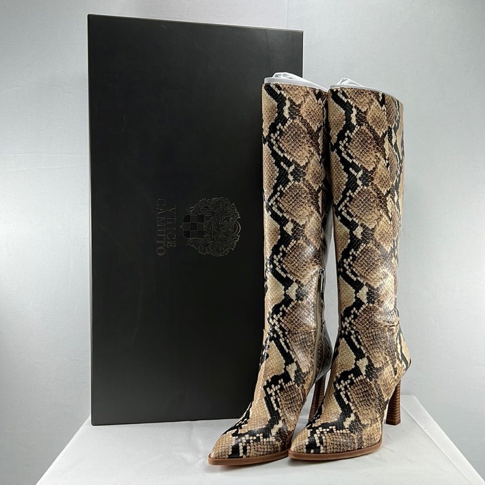 Vince Camuto Snake Print Heeled Boots - Brown and Black
